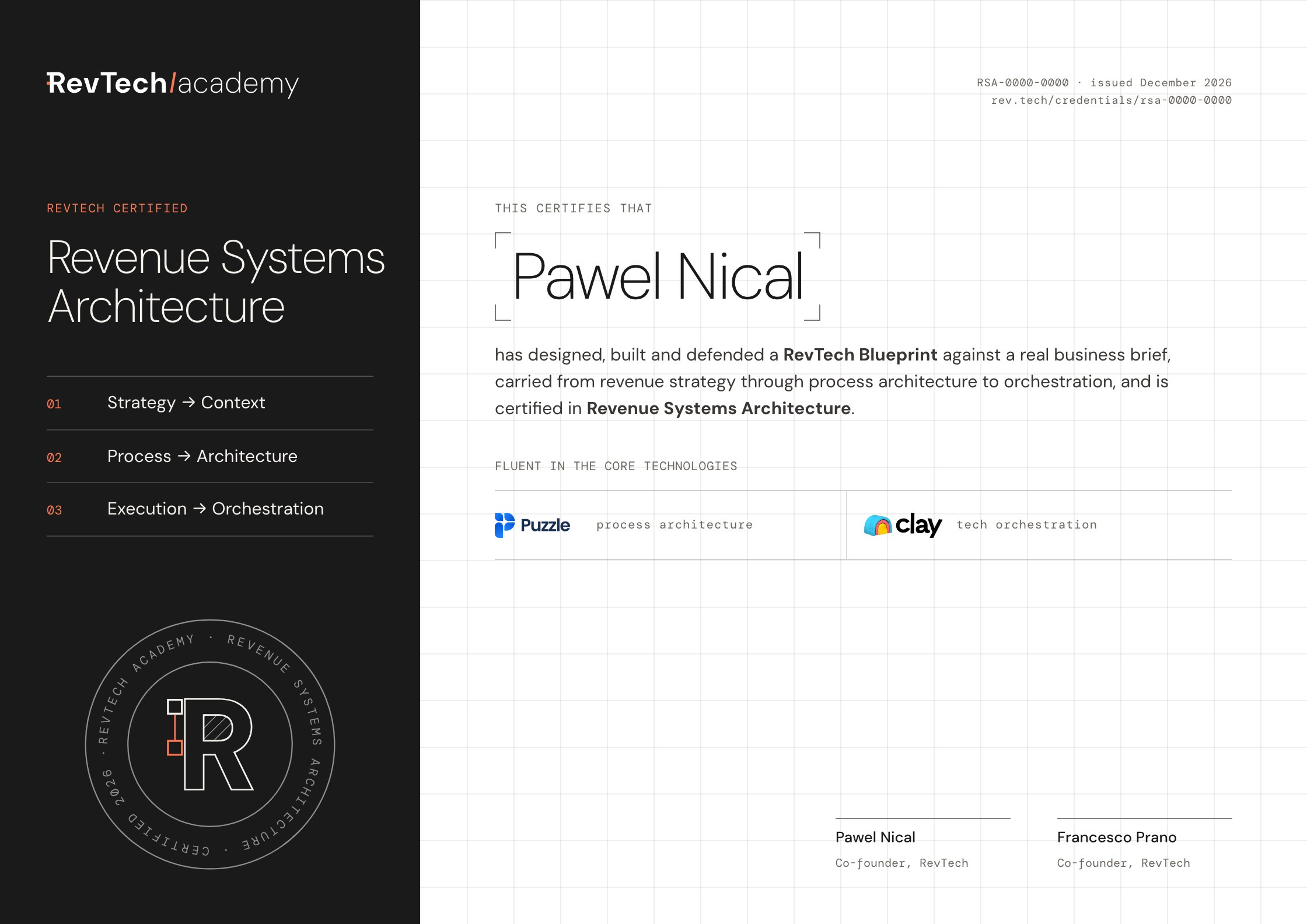 Certificate: RevTech Certified, Revenue Systems Architecture, Pawel Nical