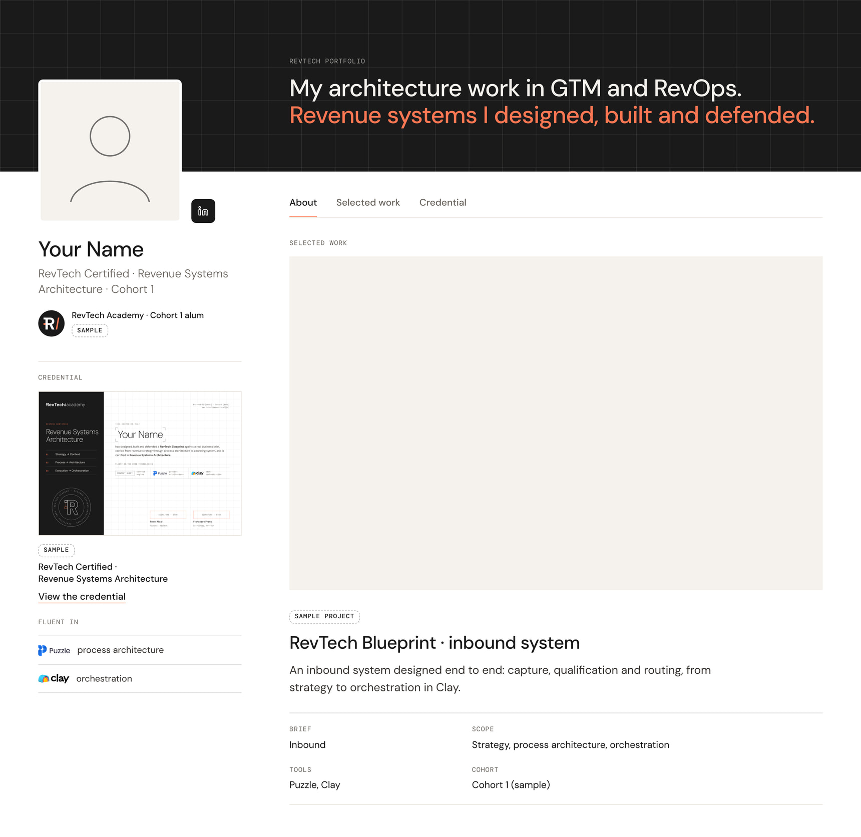 Sample portfolio page at rev.tech/portfolio/your-name: a placeholder avatar and name, a sample Revenue Systems Architecture certification, fluent in Puzzle and Clay, and the selected work.