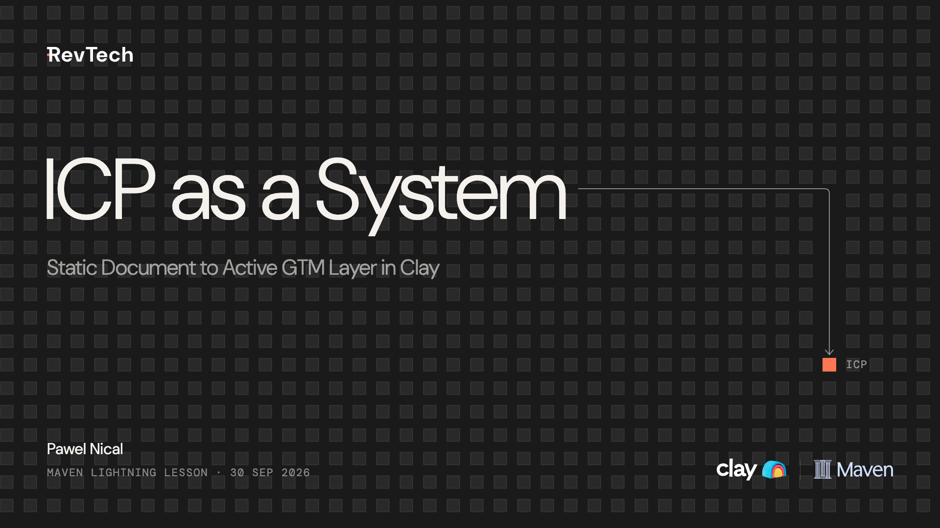 The deck's title slide: ICP as a System, Static Document to Active GTM Layer in Clay. Pawel Nical, Maven lightning lesson, 30 Sep 2026.