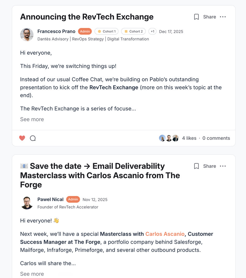 Two community announcement posts in the RevTech Circle space