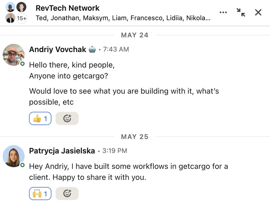 A real RevTech Network group chat exchange on LinkedIn