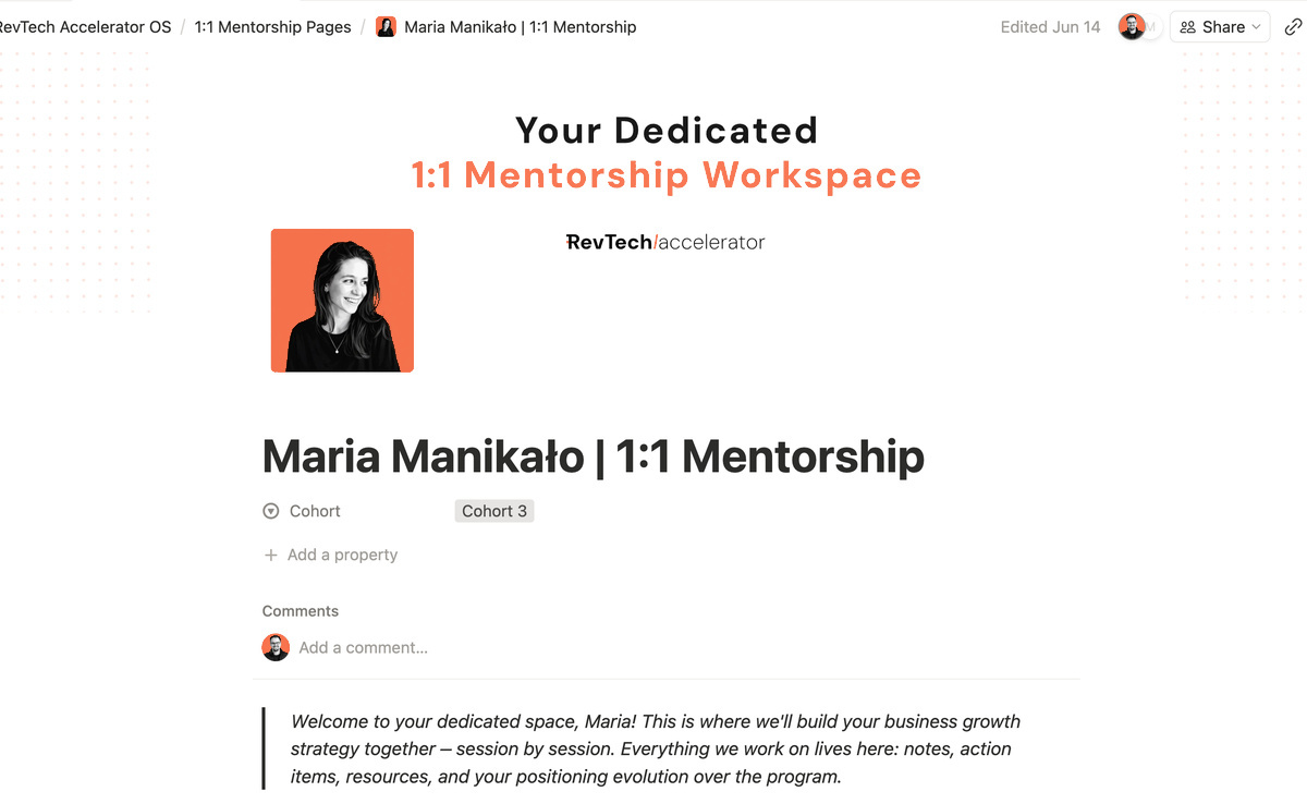 A mentee's dedicated 1:1 mentorship workspace in Notion